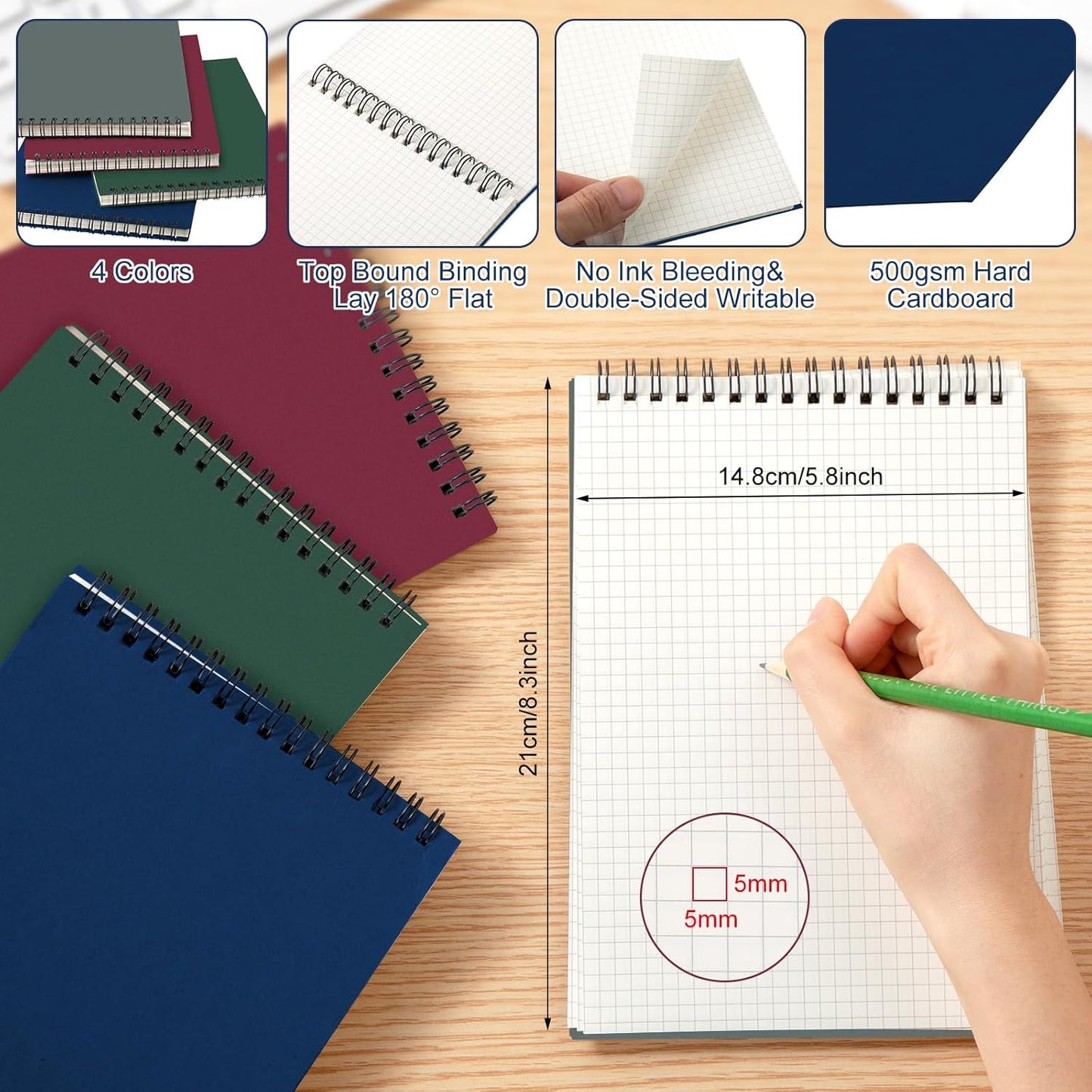 Engrowtic 2 Pack Graph Paper Spiral Notepad A5 Top Wirebound Notepad Grid Notebook Steno Pads Memo Notebook Grid Paper 140 Pages for Writing Sketching Drawing Office Supplies (Black)