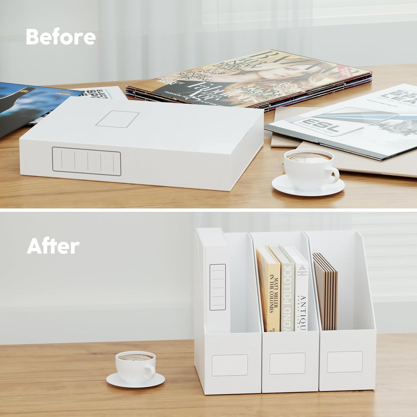 JiaWei White Magazine File Holders, 3 Packs Sturdy Cardboard File Rack, Office Organization Desktop Storage File Box Binder for Shelves and Desk, Folder Holder for Office or Classroom