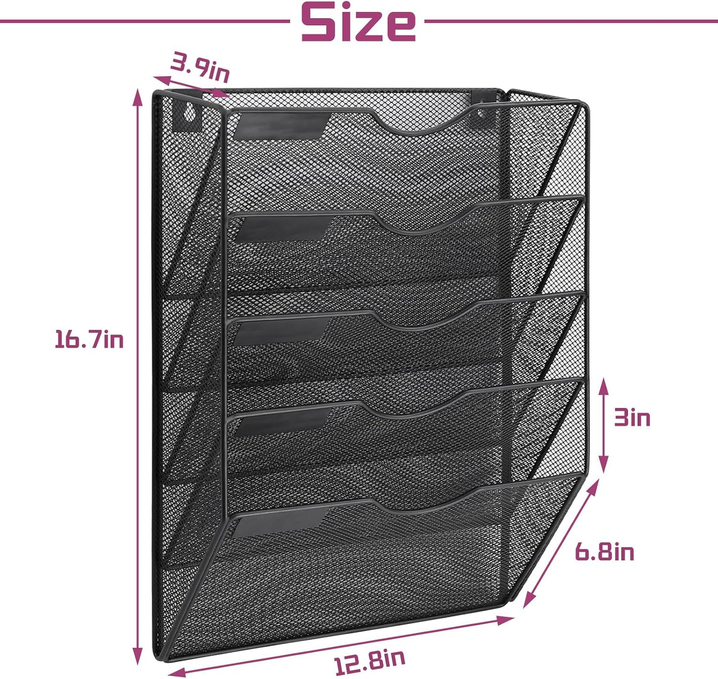 1 Pocket Mesh Wall File Holder Organizer Office Hanging File Folder Magazine Rack, Nametag Label Hooks Set Included (Black)