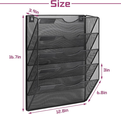 1 Pocket Mesh Wall File Holder Organizer Office Hanging File Folder Magazine Rack, Nametag Label Hooks Set Included (Black)