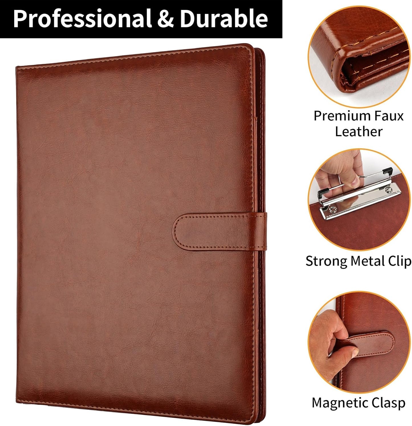 Professional Padfolio with Clipboard, Faux Leather Portfolio Folder Binder, Legal Pad Holder for A4 Letter Size Notepad, Resume, Writing Pad, Ideal Organizer for Business Office Conference, Black