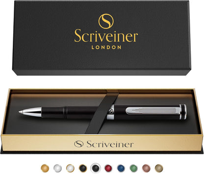 Scriveiner Black Rollerball EDC Luxury Pen, Stunning Pocket Pen with Chrome Finish, Cool Writing, Best Gift for Men & Women, German Schmidt Refill, Nice Present, Fancy Office Designer Set