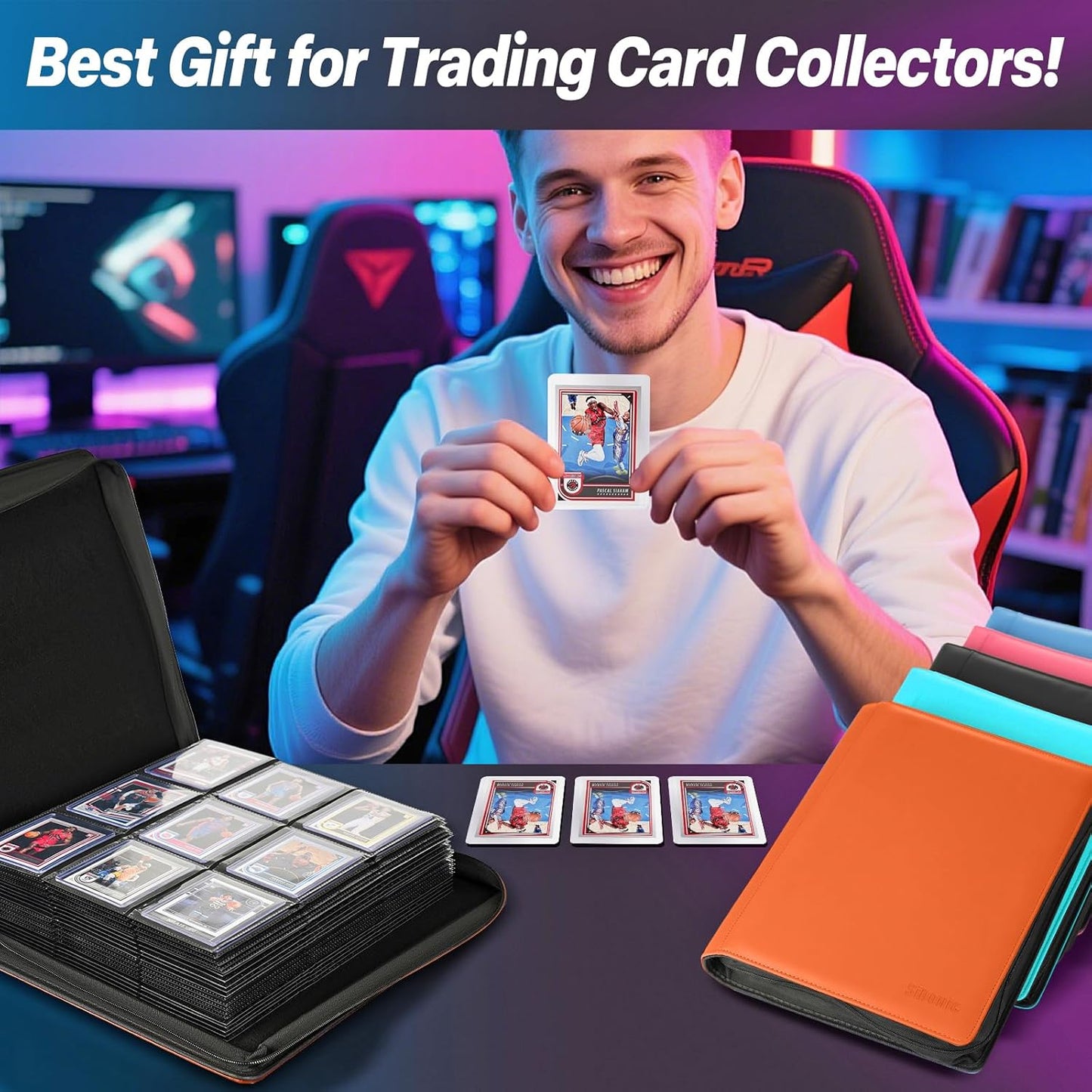 9 Pocket TopLoader Binder, Holds 360 3”x4” Toploader Hard Cases, Sleeves Card Collection Binder, 20 Double Sided Pages, Compatible with Trading & Sports Holder - Black
