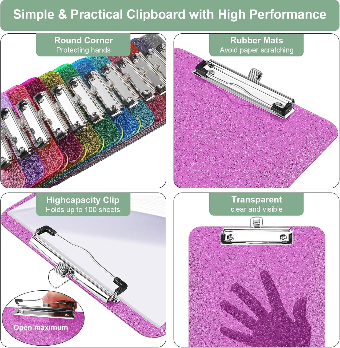 SFLHHDM 1 Pcs Clear Glitter Clipboards, Plastic Clipboard with Pen Holder, Size 8.85 x 12.4 in Shiny Clipboards with Low Profile Clip, Cute Hanging Clipboard for Office School Sparkly Clip Board-Pink