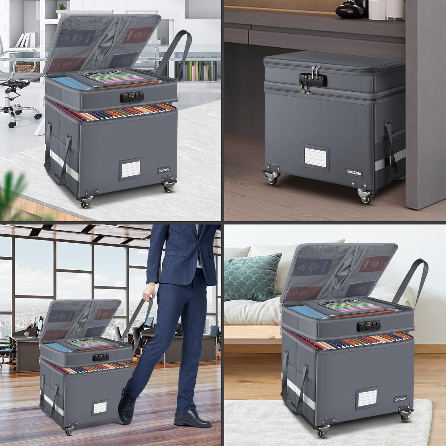 DocSafe Fireproof Document Box with Lock,2-Layer File Box with Wheels,Collapsible File Storage Organizer with Pockets,Large Portable Home Filing Cabinet for Hanging Folders,Black,16''x13.8''x12.2''