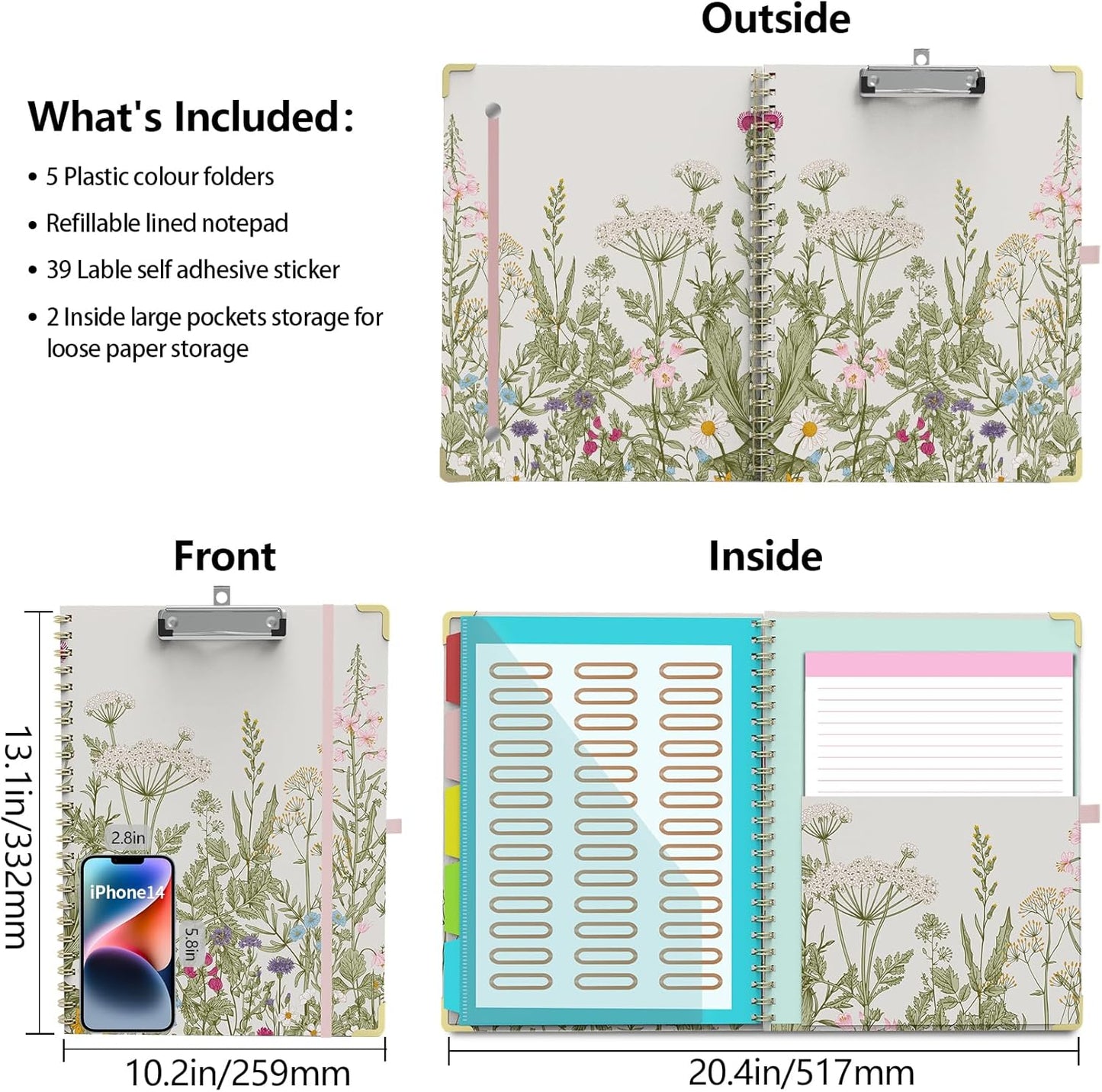 Clipboard Folio with Storage Clipboards Padfolio Notebook for Letter Size (11" x 8.5"), Pink Clipboards with 10 Pockets and 5 Folders Nursing Teacher School Essentials (Stay Positive)