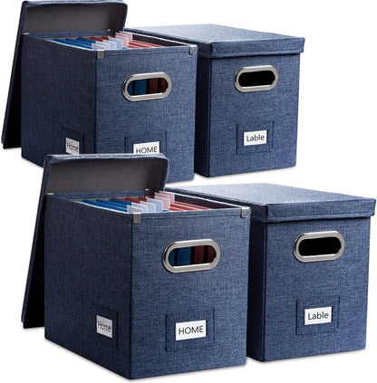 PRANDOM File Organizer Box - Collapsible Decorative Linen Filing Storage with Lids for Letter Size - Grey (14x9.3x10.8 inch)