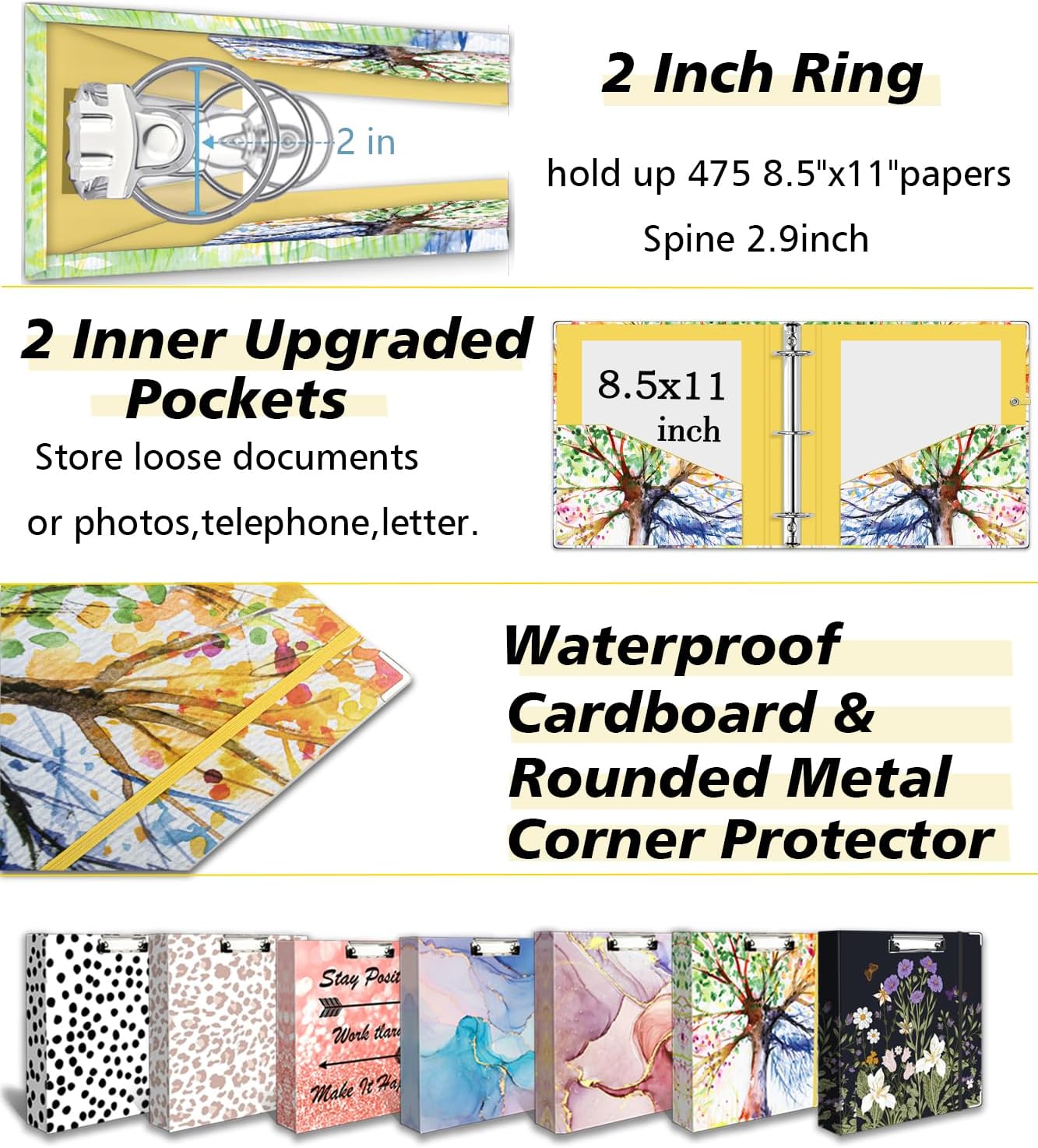 3 Ring Binder 1 Inch, Three Ring Binders Organizer with Clipboard, 5-Tabs Pockets Dividers, Plastic Folder, 18 Divider Stikers, BVSSX Pretty Binder with Pen Loop (Black Weeds, Letter Size)