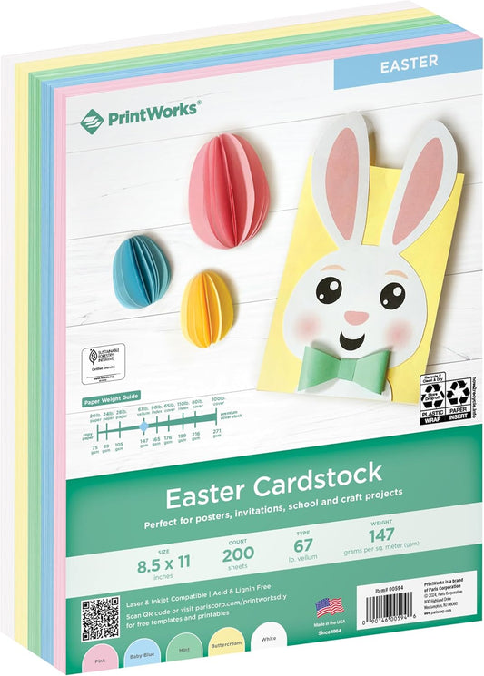 PrintWorks Easter Cardstock 8.5" x 11" - 200 Sheets - 5 Assorted Pastel Cardstock Colors - Ideal for School & Craft Projects - 67 lb/147 gsm - Made in the USA - SFI® Certified (00594)