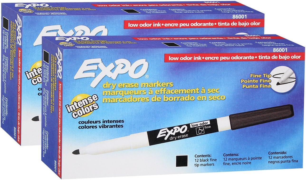 Expo 86001 Low Odor Dry Erase Marker, Black; Fine Tip, Quick-Drying Ink, 2 Packs of 12 Markers, 24 Markers Total