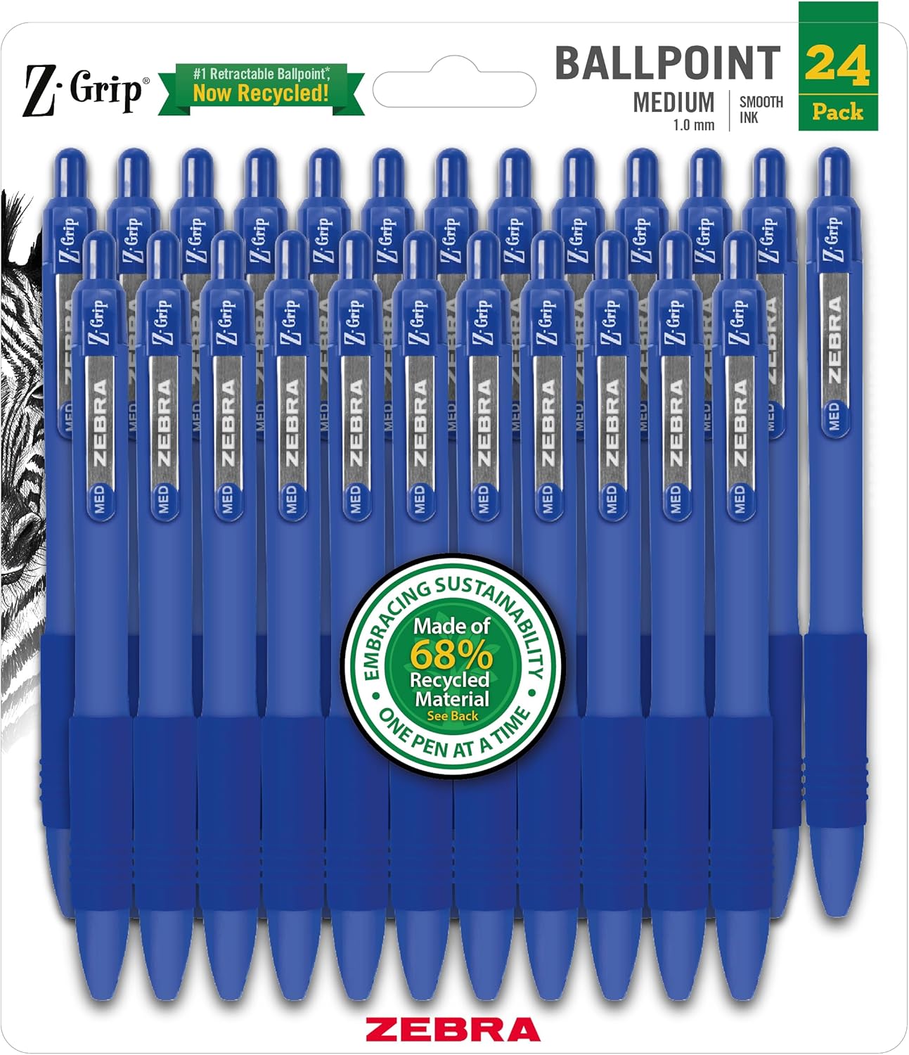 Zebra Pen Z-Grip Retractable Ballpoint Pen, Smooth-Flowing Black Ink, 1.0mm Medium Point, School & Office Supplies, Ideal for Note-Taking, Journal and Planner Use, 18-Pack (22218)