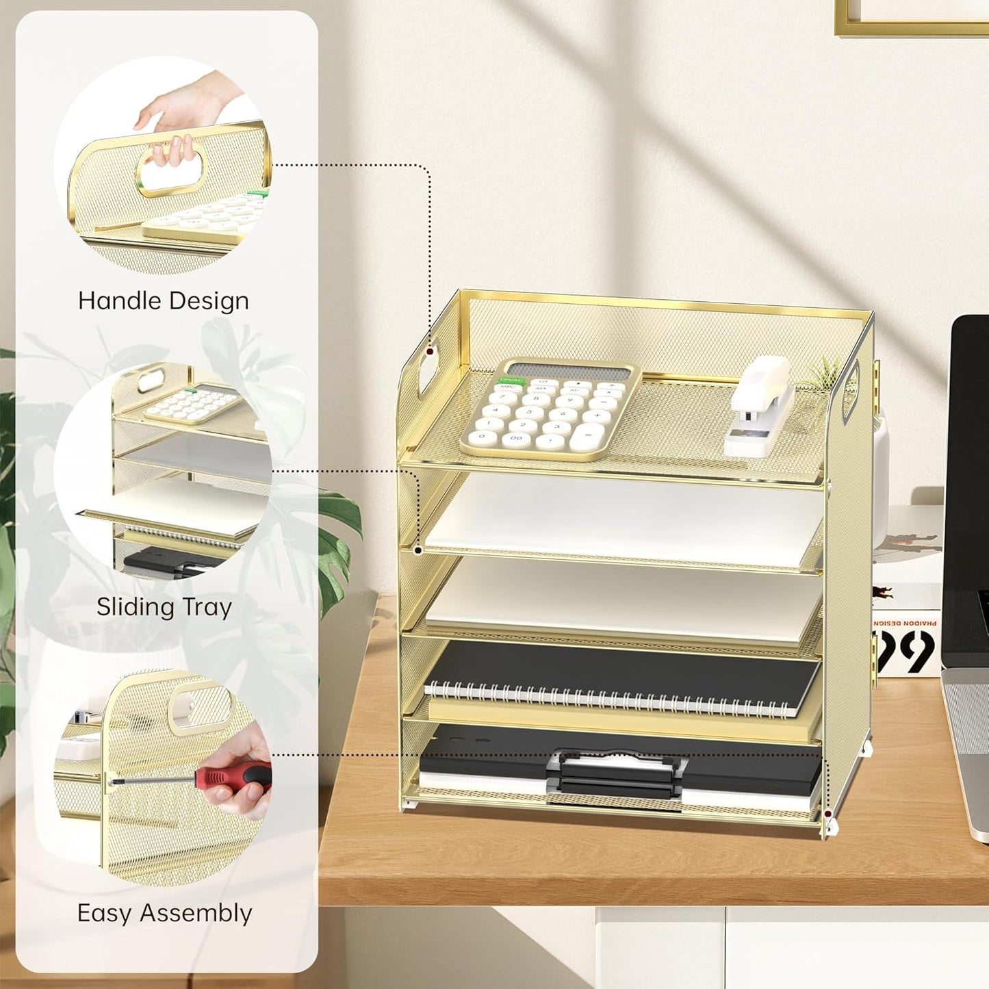 Supeasy 5 Trays Paper Organizer Letter Tray with Handle-Mesh Desk File Holders, Paper Sorter Desk Organizer for Office, Home, Classroom or School