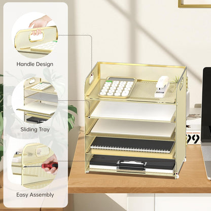 Supeasy 5 Trays Paper Organizer Letter Tray with Handle-Mesh Desk File Holders, Paper Sorter Desk Organizer for Office, Home, Classroom or School