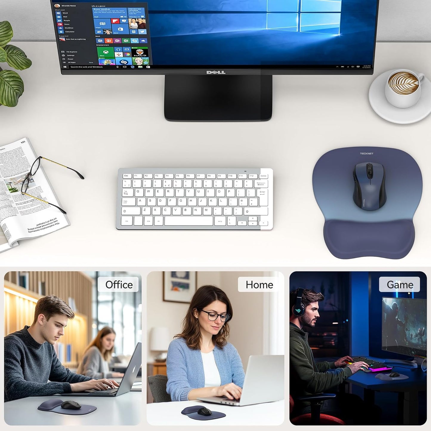 TECKNET Mouse Pad with Wrist Support, Ergonomic Gaming Mouse Pad Pain Relief, Portable Comfortable Mousepad for Computer, Laptop, Office, Home and Travel, Non-Slip Base, Waterproof Surface, Black