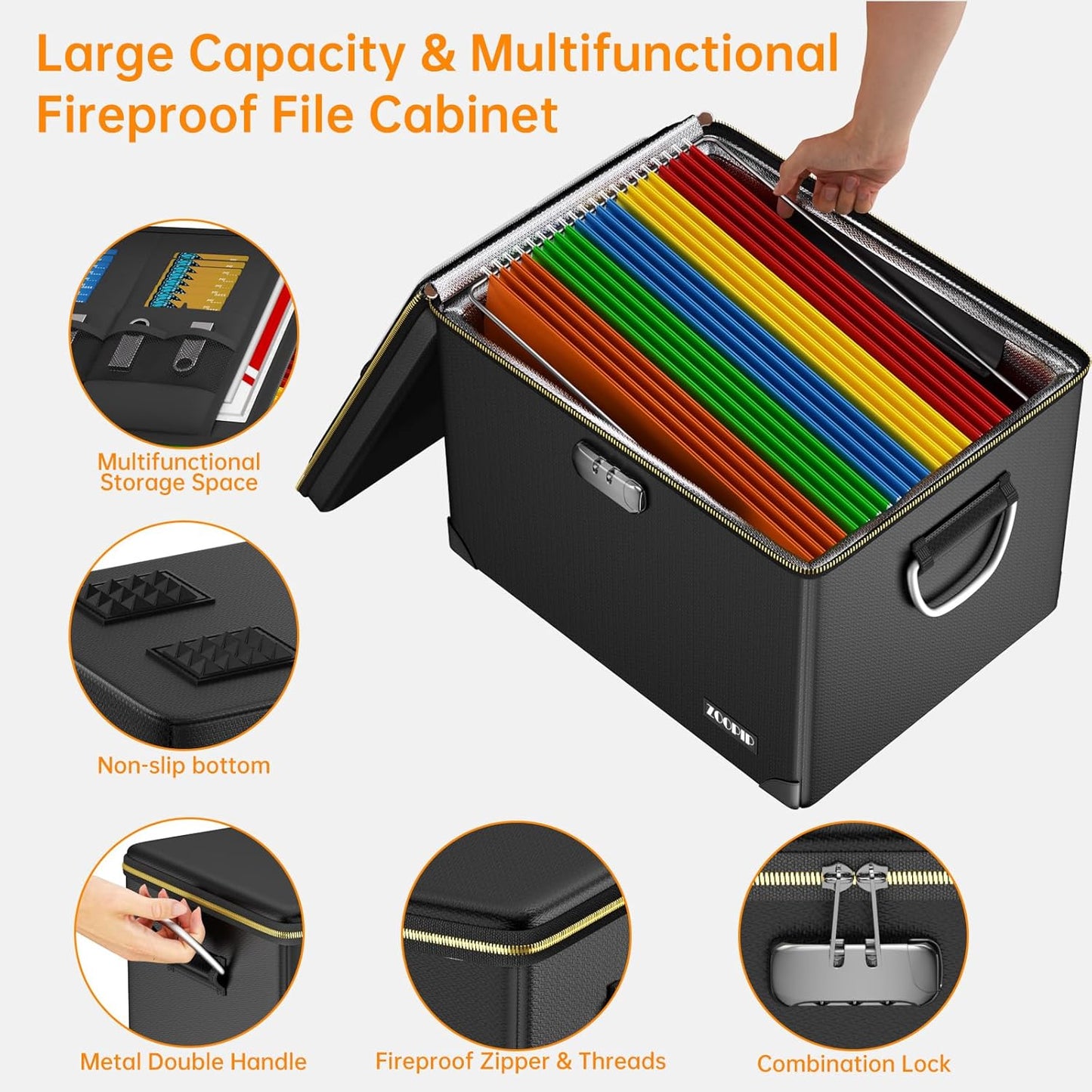 Fireproof Document Box,5200°F File Organizer Box with Lock,Foldable Filing Organizer Cabinet, Portable Safe Storage for Hanging Letter/Legal Folder,Black