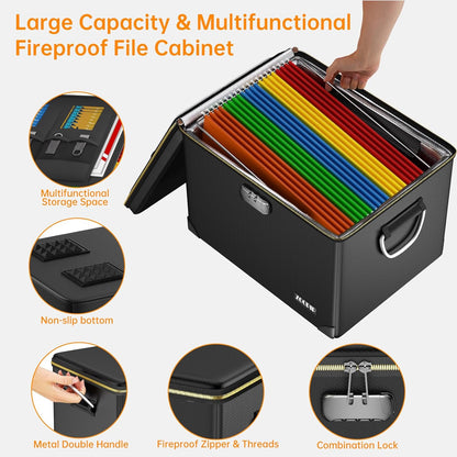 Fireproof Document Box,5200°F File Organizer Box with Lock,Foldable Filing Organizer Cabinet, Portable Safe Storage for Hanging Letter/Legal Folder,Black