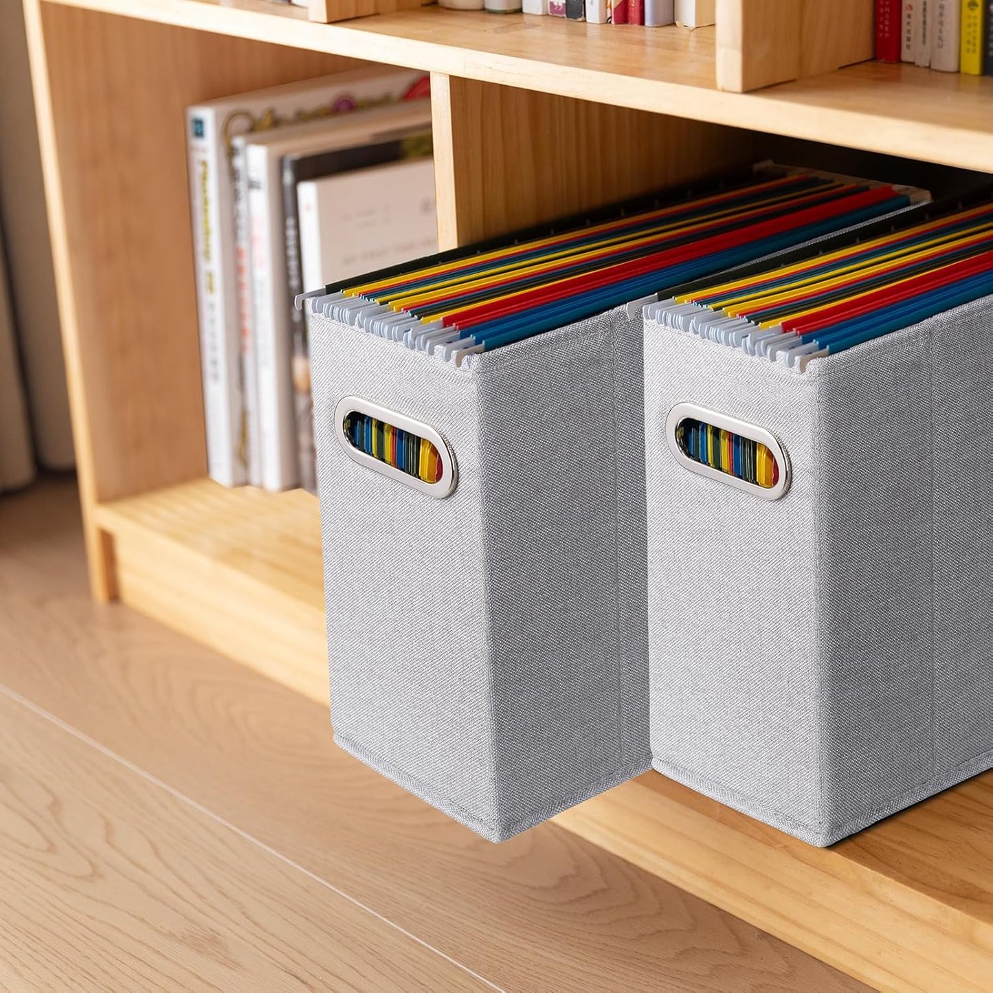 4 Packs Letter Size File Organizer, File Folders Organizer, Fabric Storage Box, Collapsible Paper Organizer with Metal Handle, Smooth PVC Rails, Only Box (Beige)