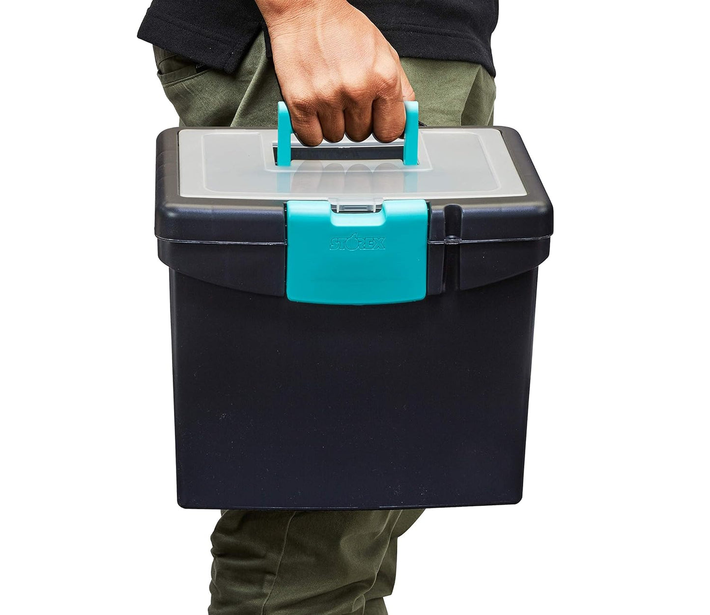 Storex File Storage Box with XL Storage Lid, 10-7/8 x 13-1/4 x 11 Inches, Black/Teal