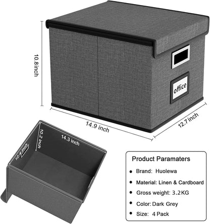 Huolewa Upgraded Portable File Organizer Box with Lid, Collapsible Linen Hanging Filing Storage Boxes with Plastic Slides, Decorative Home/Office Filing System Box for File and Folders Storage (Gray)