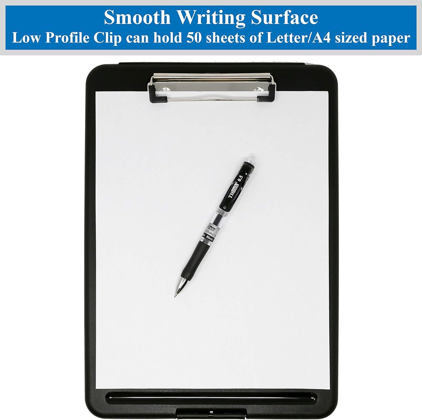 Think2Master Black Plastic Storage Clipboard. | 25% Heavier & 25% Sturdier| Heavy Duty and Won’t Flex or Bend Like Other Brands (Compare The Weight). Storage Compartment Holds 150 Letter Sized Paper.