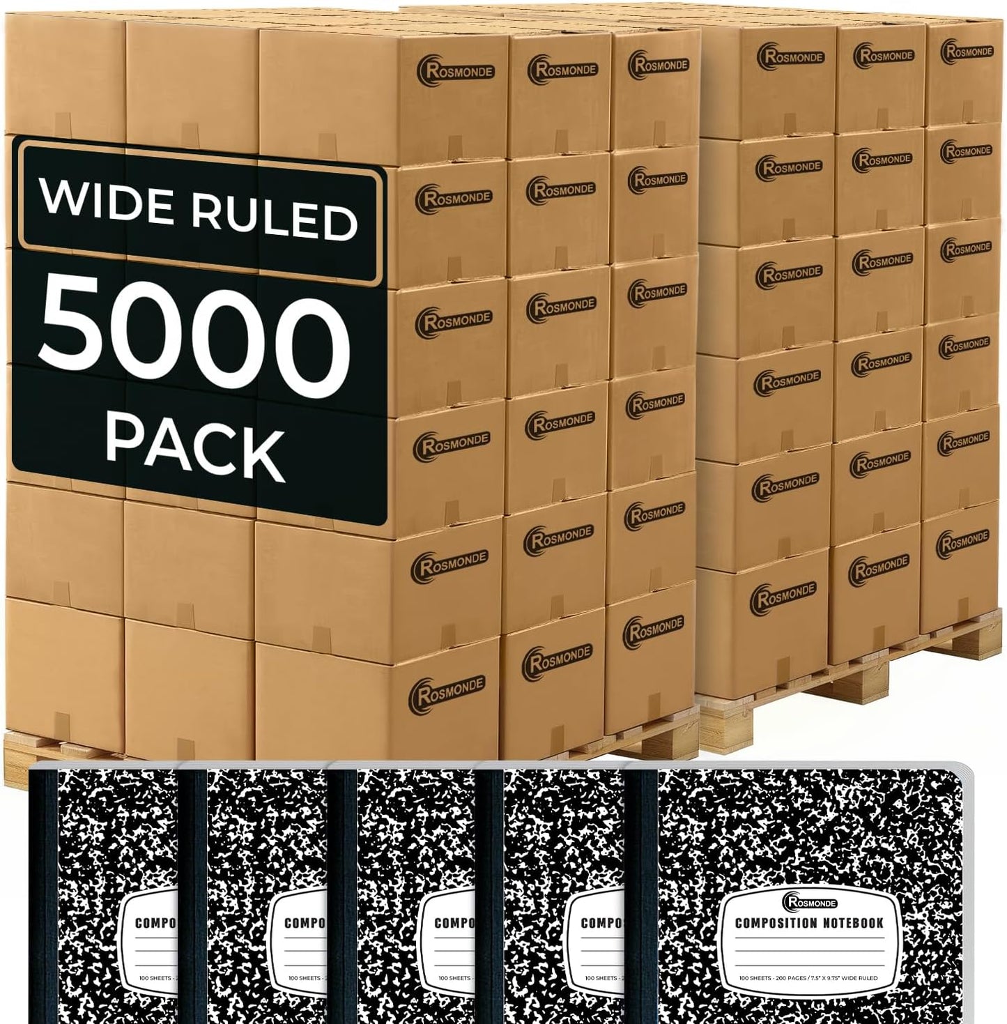 Rosmonde 50 Pack Composition Notebooks Bulk, Wide Ruled Composition Notebook, 200 Pages (100 Sheets), 9-3/4 x 7-1/2, Black Marble, Bulk School Supplies, Office Notebooks, Bulk Notebooks for School