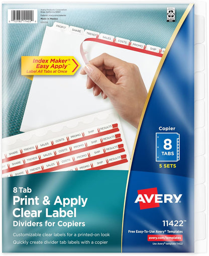 Avery 8 Tab Dividers for 3 Ring Binder, Easy Print & Apply Clear Label Strip for Copiers, Index Maker Customizable White Tabs, 5 Sets (11422)