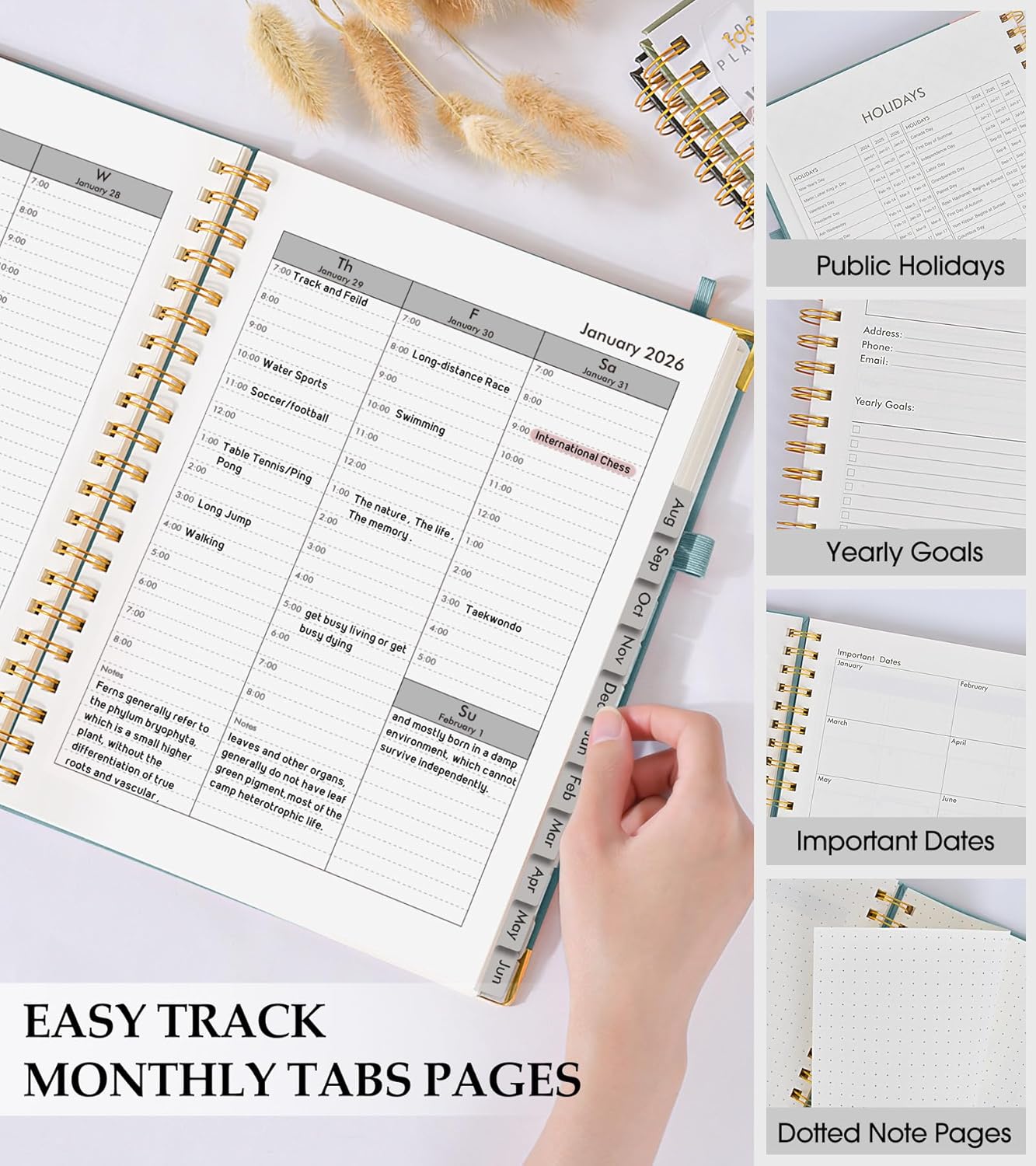 2026 Planner, Weekly and Monthly Calendar Planner from January 2026 - December 2026, 8.5" x 11" Hardcover Leather Hourly Appointment Book with Tabs, Spiral Daily Planners for School Work Home, Green