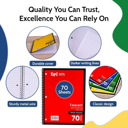 EPI Spiral Notebook | Wide - 70 Sheets, Durable Spiral Binding | 10.5 x 8 in | Classroom Supplies | School, Office, Note Taking, Journaling - 12 Pack
