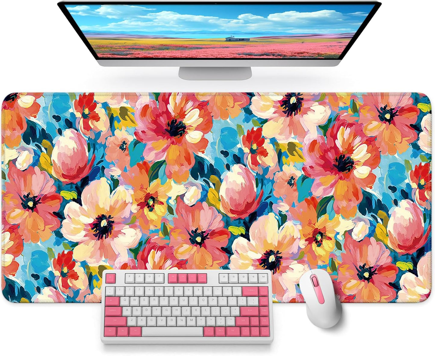 Large Mouse Pad for Desktop, Cute Desk Mat Pad Protector for Work & Gaming, Aesthetic Pretty Anti-Slip Laptop Blotter Cover for Office School Home Supplies, Wildflowers, 31.5" x 11.8"