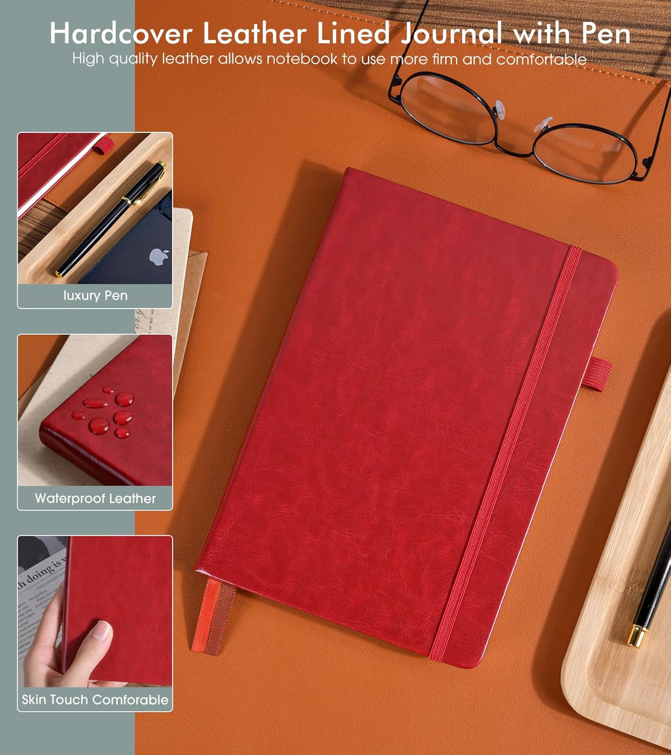 Lined Journal Notebook for Men Women, 200 Numbered Pages Leather Hardcover Journal with Pen, A5 Journaling Notebooks, Thick Paper College Ruled Journals for Writing Work Business 5.75'' X 8.38'' Black