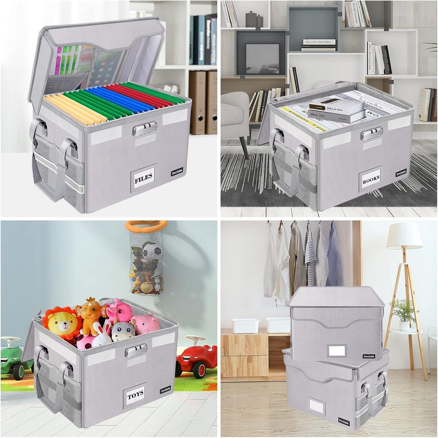 DocSafe Fireproof Document Box with Lock, File Storage Organizer with Mesh Pockets, Collapsible Portable File Box Home Office Safe Filing Cabinet with Handle for Hanging Letter/Legal Folder, Black