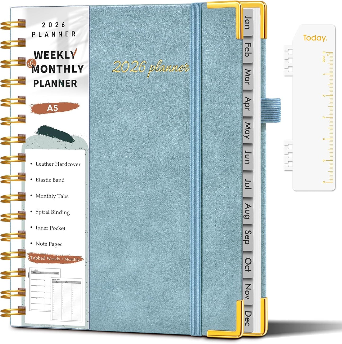 2026 Planner, Weekly and Monthly Calendar Planner from January 2026 - December 2026, 8.5" x 11" Hardcover Leather Hourly Appointment Book with Tabs, Spiral Daily Planners for School Work Home, Green