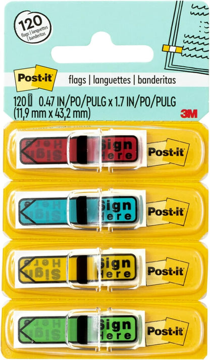 Post-it Message Sign Here Flags, 30/Dispenser, 4 Dispensers/Pack, .47 in Wide, Assorted Colors (684-SH)
