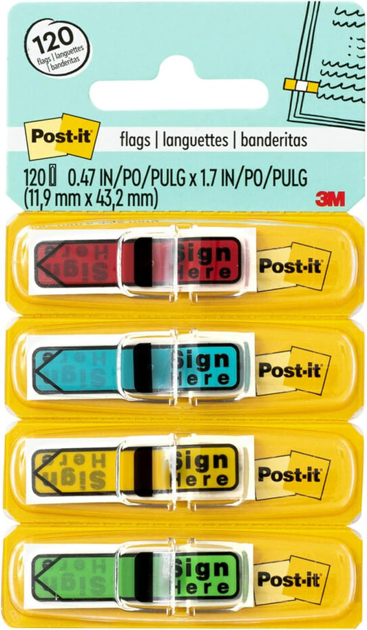 Post-it Message Sign Here Flags, 30/Dispenser, 4 Dispensers/Pack, .47 in Wide, Assorted Colors (684-SH)