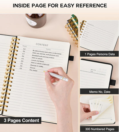 Spiral Notebook Journal for Women Men, 300 Numbered Lined Pages, College Ruled, A5 Hardcover Spiral Bound Notebook for School, Work, Note Taking Writing, Leather Spiral Journal Medium 5.9"x8.5"