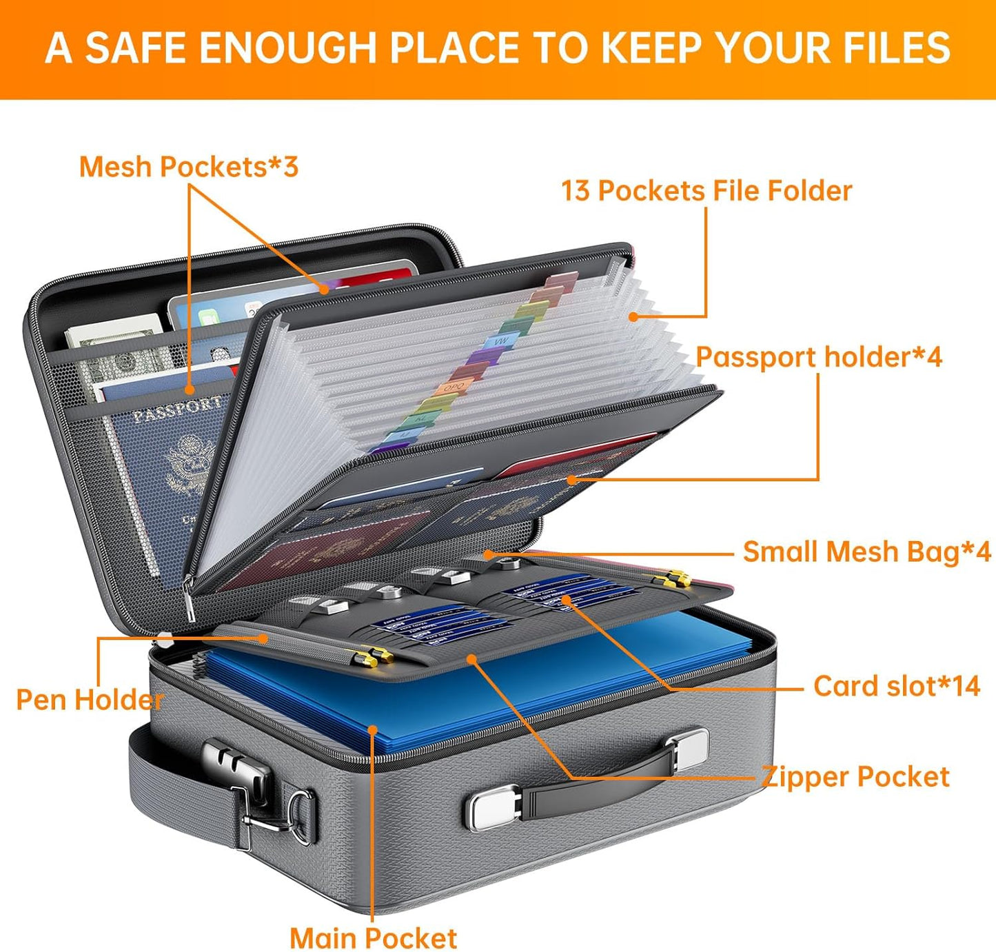 DocSafe Fireproof File Organizer with Lock, Hard-Shell Case Fireproof Document Box with 13 Pocket Accordion File Folder, Portable Home Office Travel Safe Storage for Important Documents Laptop Black