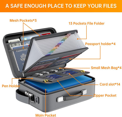 DocSafe Fireproof File Organizer with Lock, Hard-Shell Case Fireproof Document Box with 13 Pocket Accordion File Folder, Portable Home Office Travel Safe Storage for Important Documents Laptop Black
