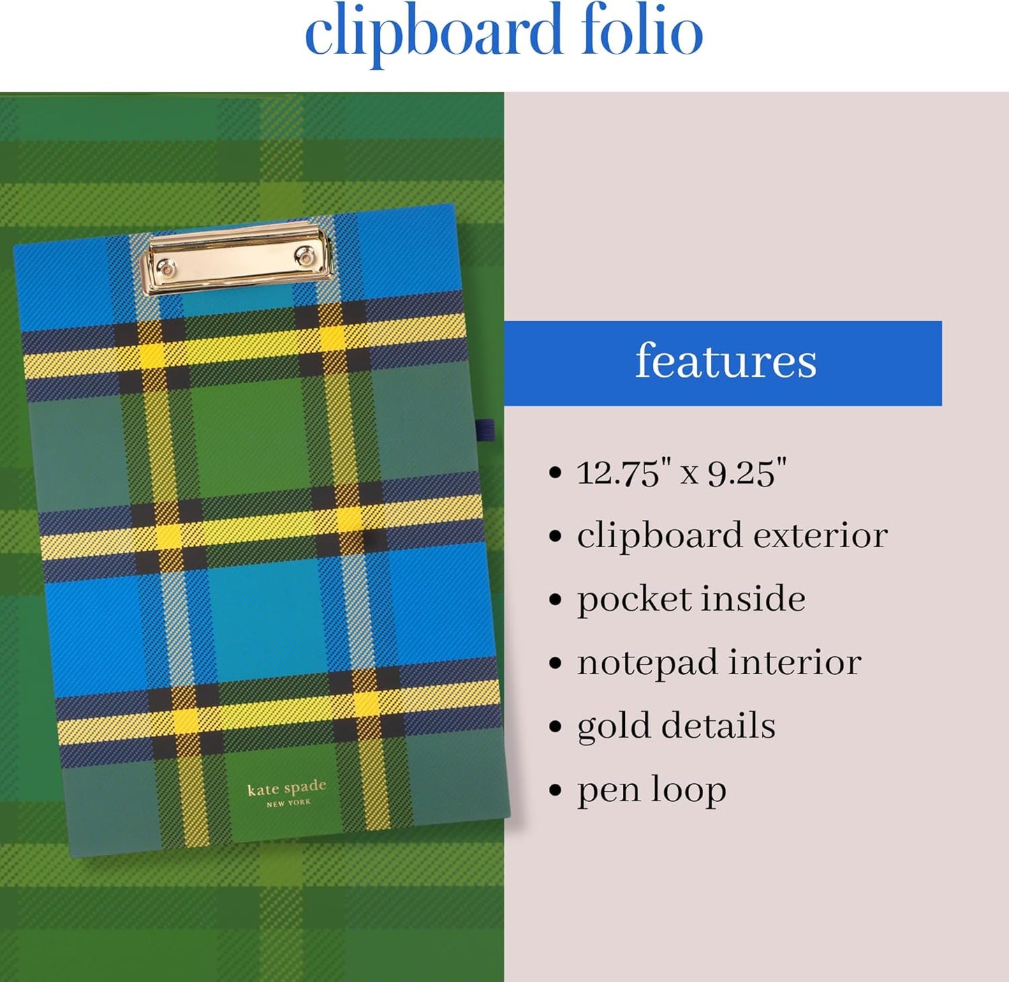 Kate Spade New York Clipboard Folio with Low Profile Clip, Black Professional Padfolio Includes Lined Notepad, Pen Loop, and Pocket, Polka Dots
