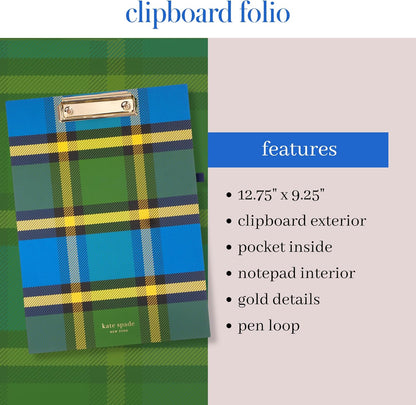 Kate Spade New York Clipboard Folio with Low Profile Clip, Black Professional Padfolio Includes Lined Notepad, Pen Loop, and Pocket, Polka Dots
