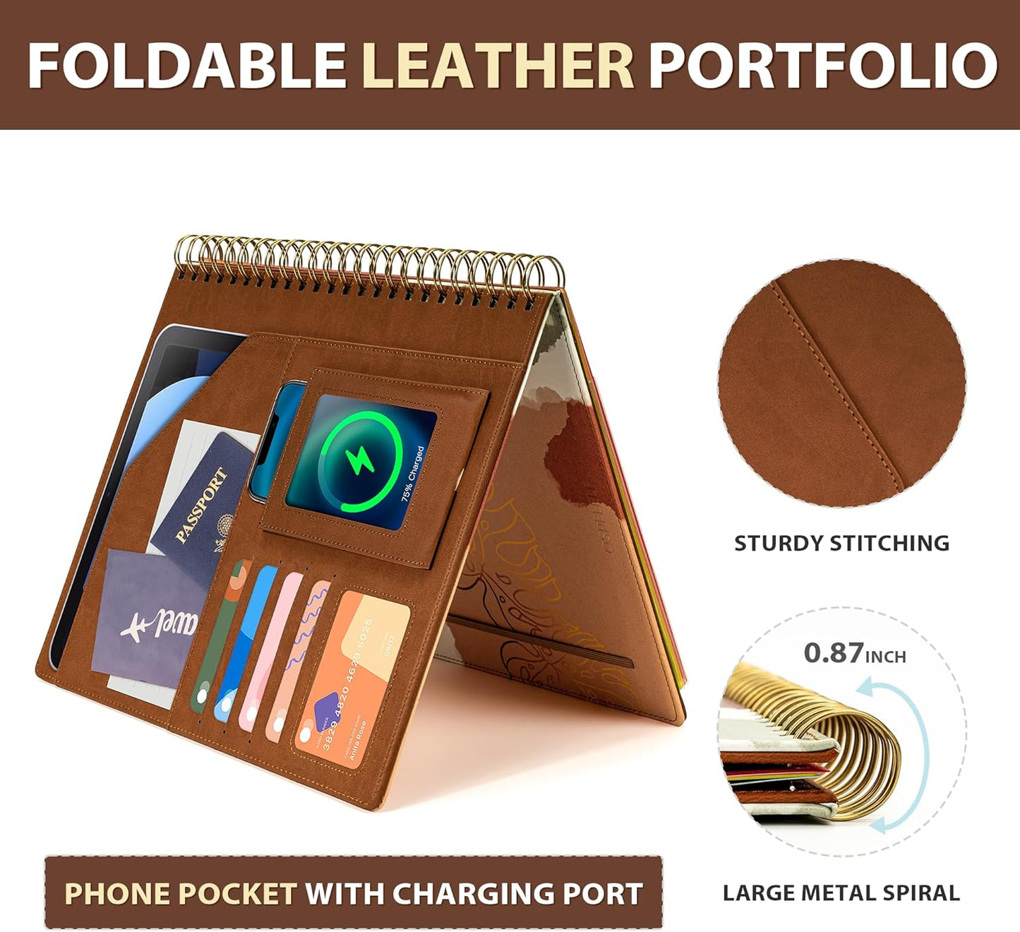 Ospelelf Clipboard with Storage for Women, Leather Padfolio Portfolio Organizer 5 Folders with 10 Pockets, Spiral Clipboard Folio with Notepad for Letter Size, Elastic Closure and Pen Loop Floral