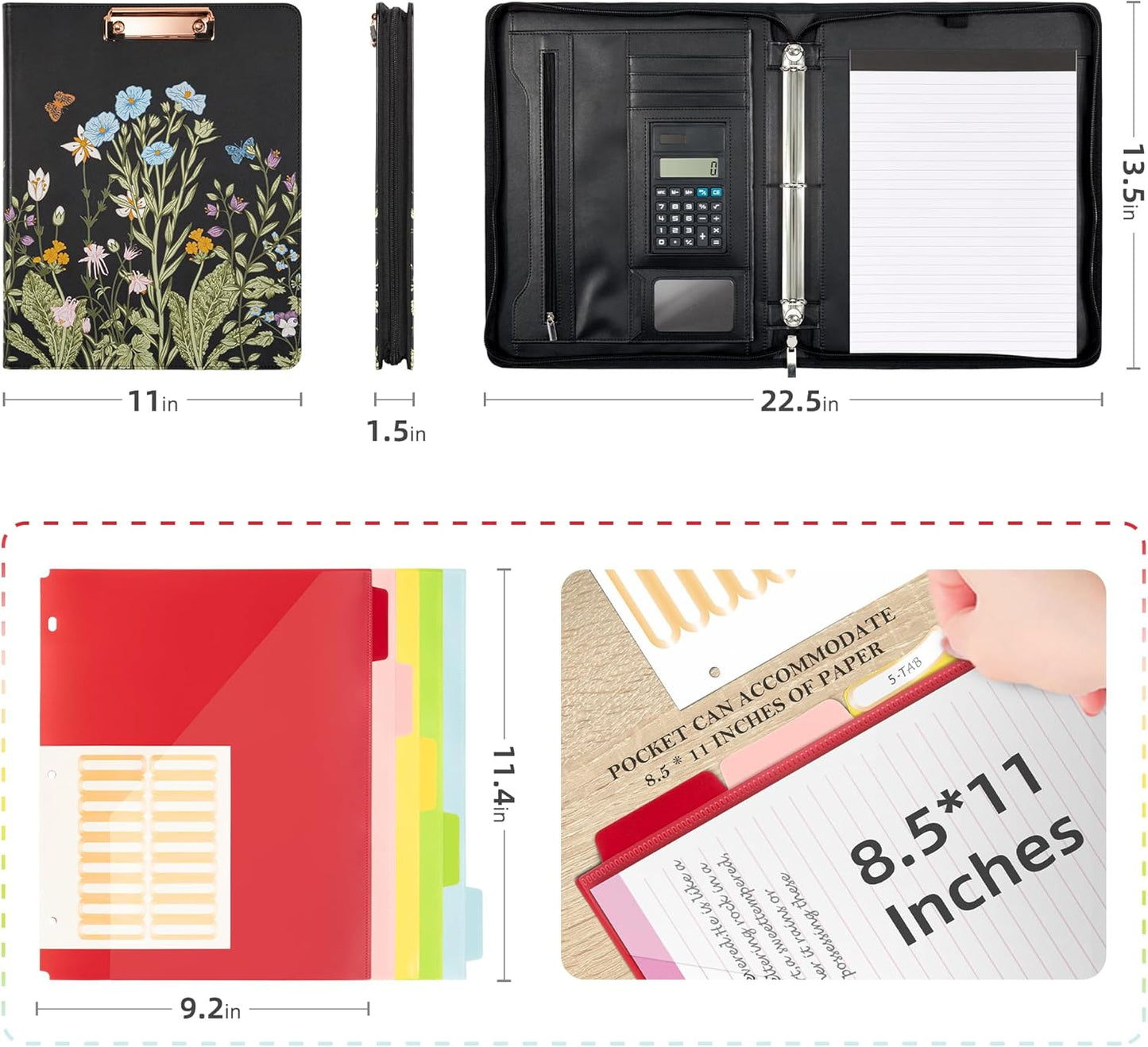 Ospelelf Zippered Padfolio Portfolio Folder, Leather Clipboard with Storage, 3 Ring Binder 1 Inch,12.1” Tablet Sleeve, 5 Dividers with Pocket, Refillable Notepad, Card Slot (Classic Black)