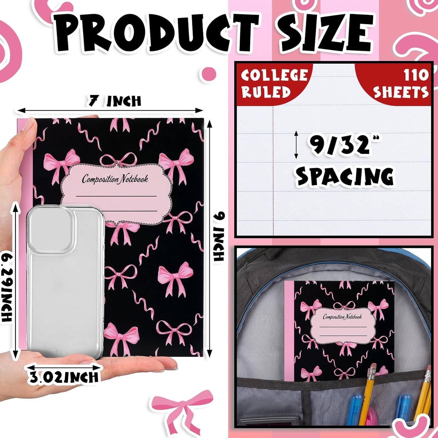 Fullhawl 6 Pcs Bow Composition Notebooks, Preppy Coquette Notebook College Ruled Journal, 110 Page, Cute Back to School Gift for Teacher, Student, First Day of Schooll(Pink,9-3/4 x 7-1/2")