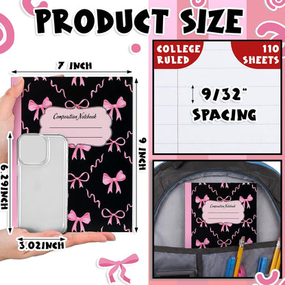 Fullhawl 6 Pcs Bow Composition Notebooks, Preppy Coquette Notebook College Ruled Journal, 110 Page, Cute Back to School Gift for Teacher, Student, First Day of Schooll(Pink,9-3/4 x 7-1/2")