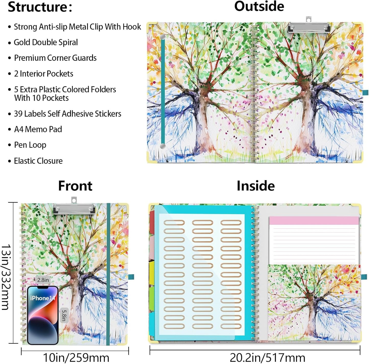 Clipboard Folder with Notepad Refillable Lined for Letter Size (11" x 8.5"), 5 Dividers with Storage 10 Pockets, Cute Spiral Foldable Clipboard with Metal Clip School Office Supplies (Sunflowers)