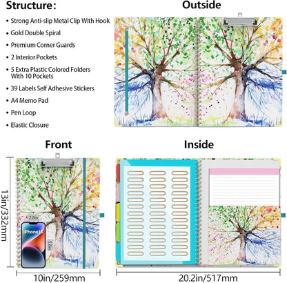 Clipboard Folder with Notepad Refillable Lined for Letter Size (11" x 8.5"), 5 Dividers with Storage 10 Pockets, Cute Spiral Foldable Clipboard with Metal Clip School Office Supplies (Sunflowers)