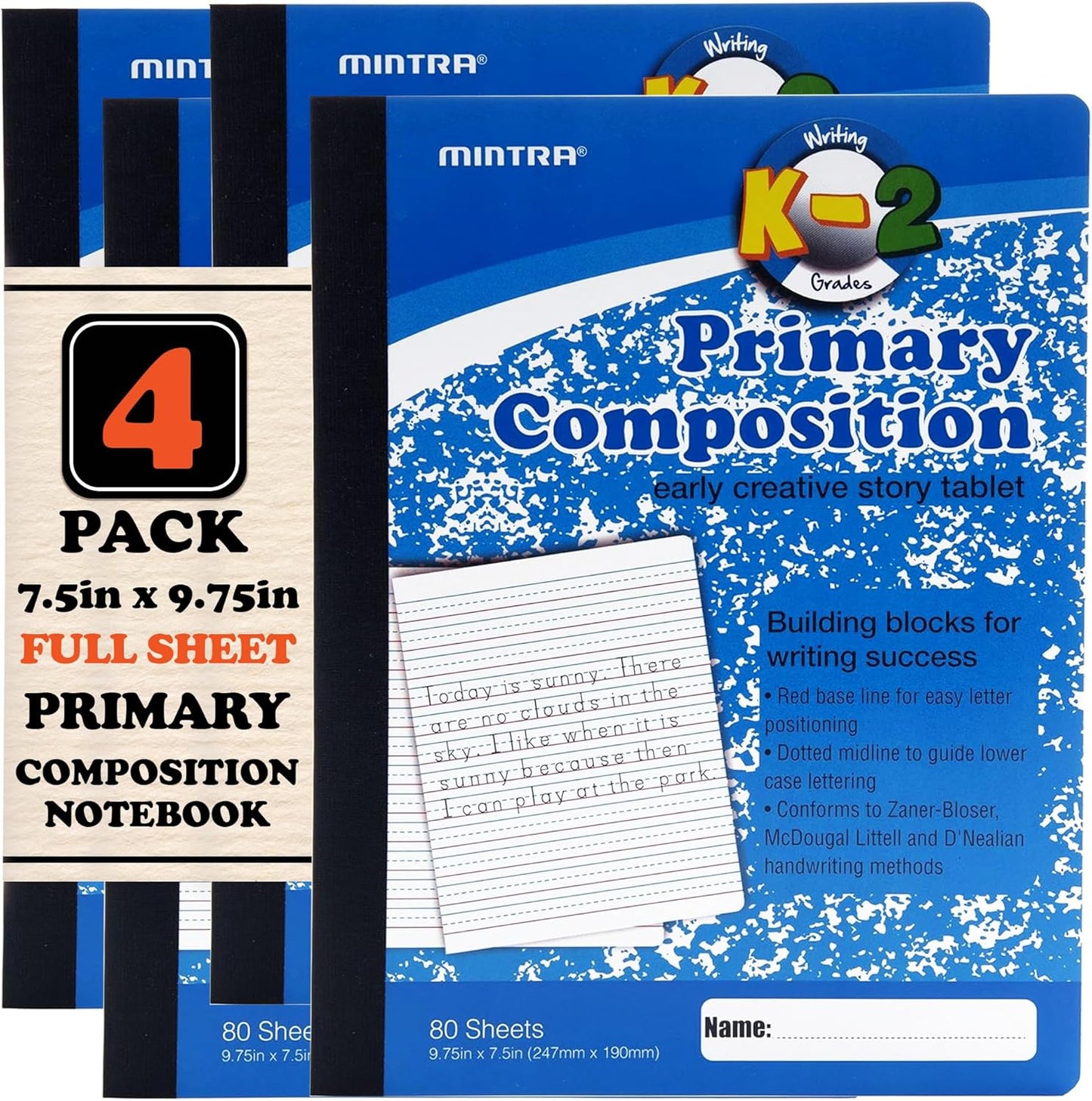 Mintra Primary Composition Notebook, 4 Pack, Assorted Colors 80 Sheets, 7.5in x 9.75in, 1/2 Sheet, Ruled with Drawing Area, Flexible Hardcover Journal, Grades K-2, School & Home Use