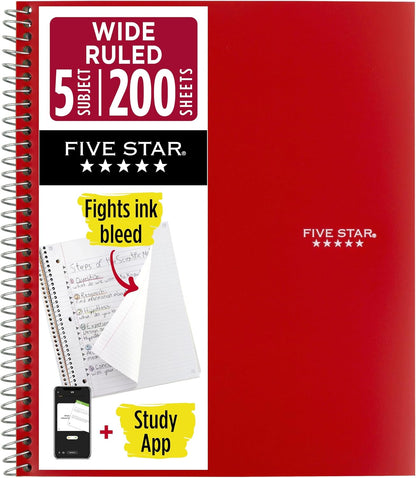 Five Star Spiral Notebook + Study App, 5 Subject, Wide Ruled Paper, 8" x 10-1/2", 200 Sheets, Fights Ink Bleed, Water Resistant Cover, Tidewater Blue (73196)