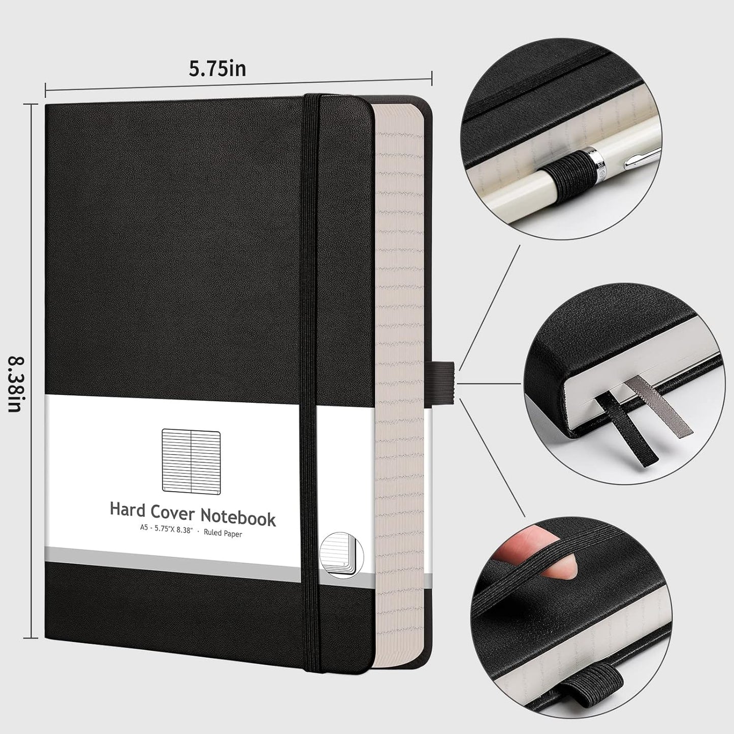 AHGXG 8.5''×11'' Notebook College Ruled - Large A4 Notebook Lined Journal - 320 Pages Thick Journal for Writing, 100gsm Thick Paper, Leather Softcover, for Work School - Black
