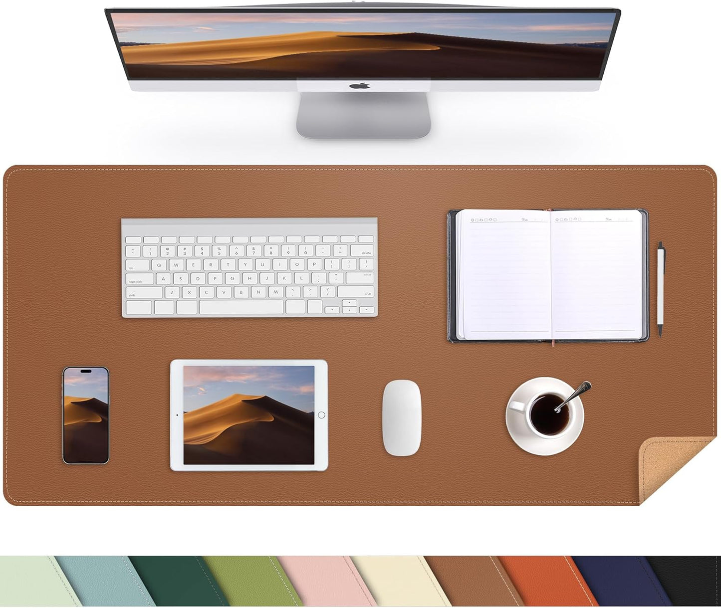 Large Desk Mat 47.2" x 17" Leather Desk Pad Protector with Natural Cork & PU Leather, Non-Slip Office Desk Mat, Large Mouse Pad, Waterproof Desk Blotter pad for Office&Home(Black)