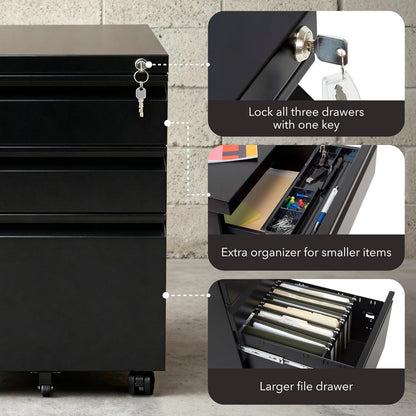 Mount-It! 3 Drawer File Cabinet with Lock and Wheels, Heavy-Duty Steel Rolling Drawer Cabinet, Fully Assembled Under Desk Filing Cabinet for Home Office Storage, 15.3" W x 19.75" D x 24.5" H, Black